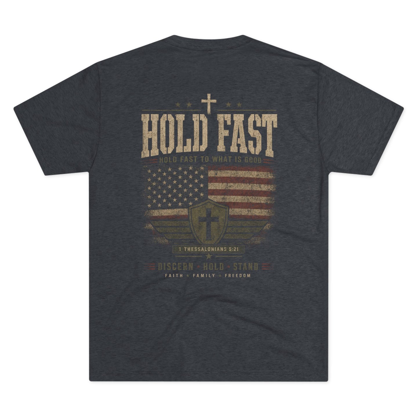 Hold Fast Christian Tee — Patriotic Shield Cross Graphic T-Shirt