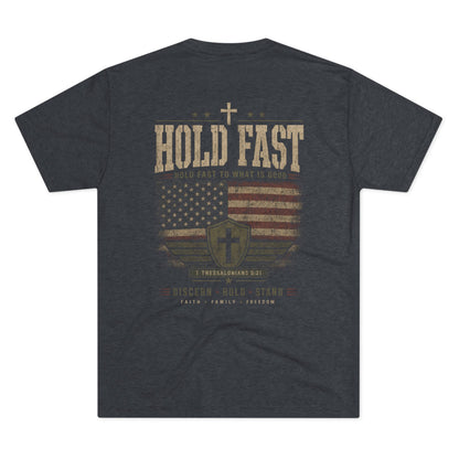 Hold Fast Christian Tee — Patriotic Shield Cross Graphic T-Shirt