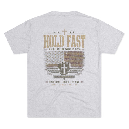 Hold Fast Christian Tee — Patriotic Shield Cross Graphic T-Shirt