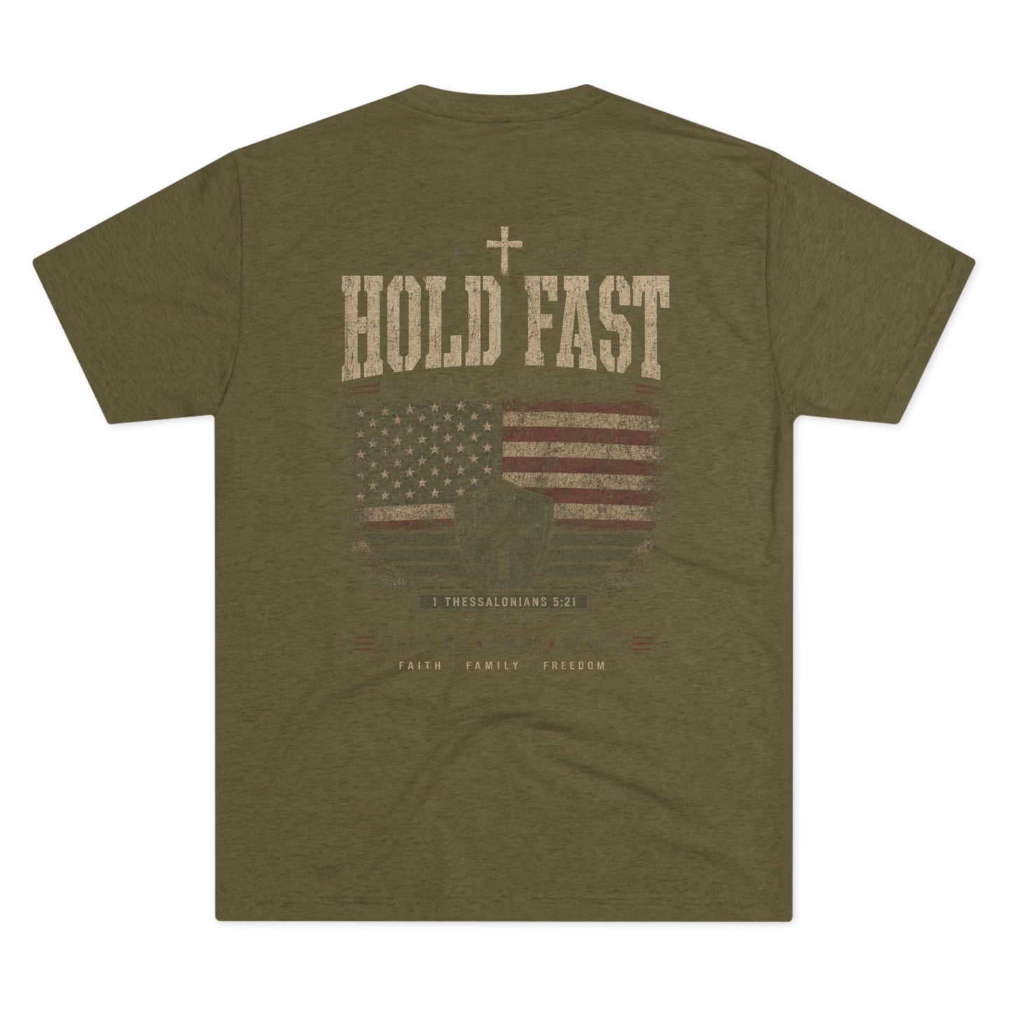 Hold Fast Christian Tee — Patriotic Shield Cross Graphic T-Shirt