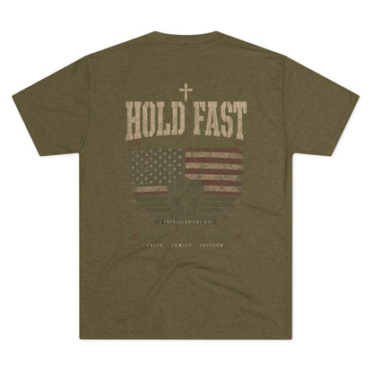 Hold Fast Christian Tee — Patriotic Shield Cross Graphic T-Shirt