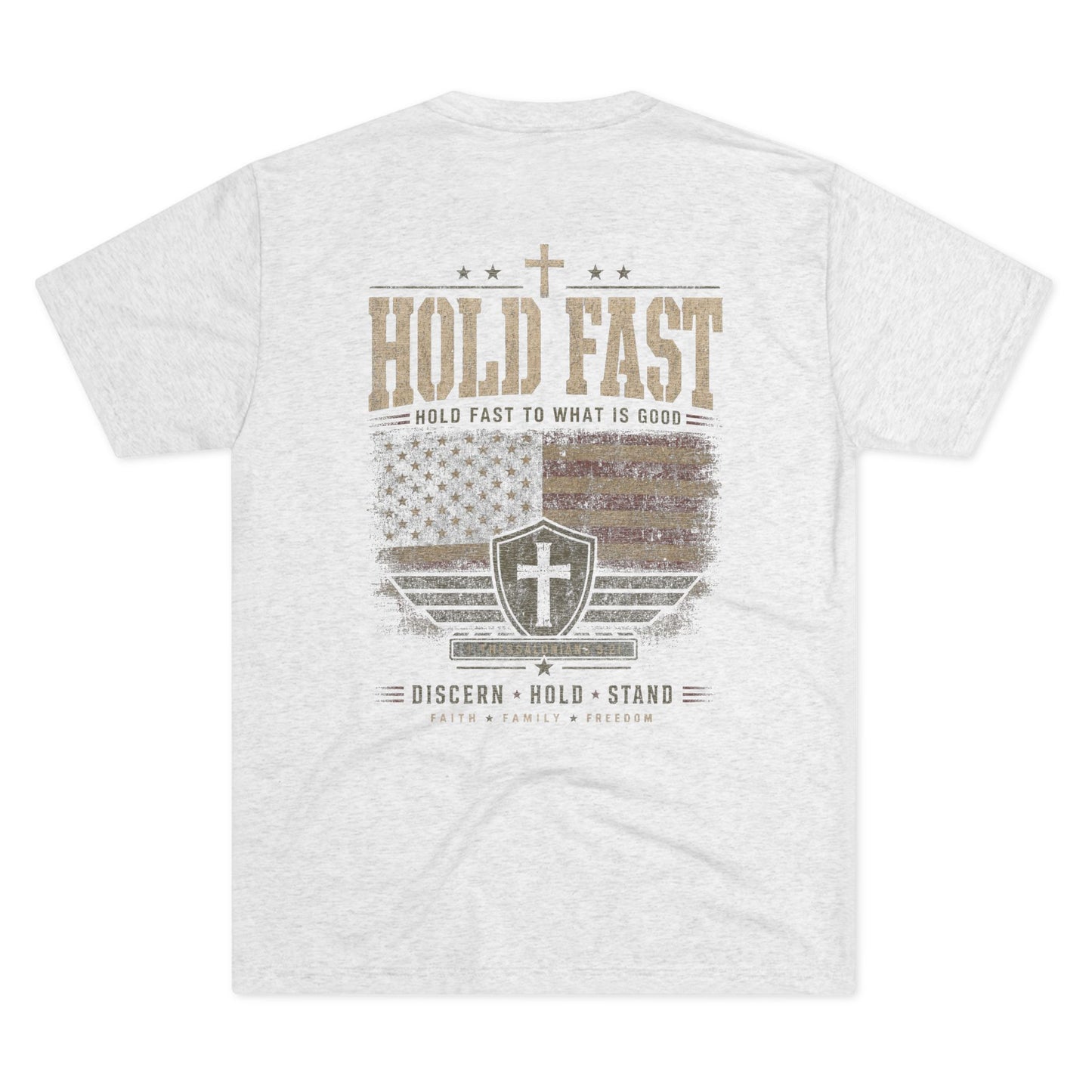 Hold Fast Christian Tee — Patriotic Shield Cross Graphic T-Shirt