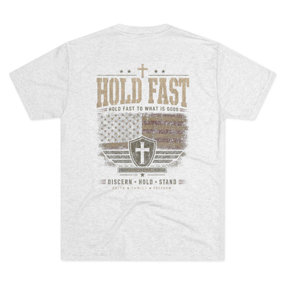Hold Fast Christian Tee — Patriotic Shield Cross Graphic T-Shirt
