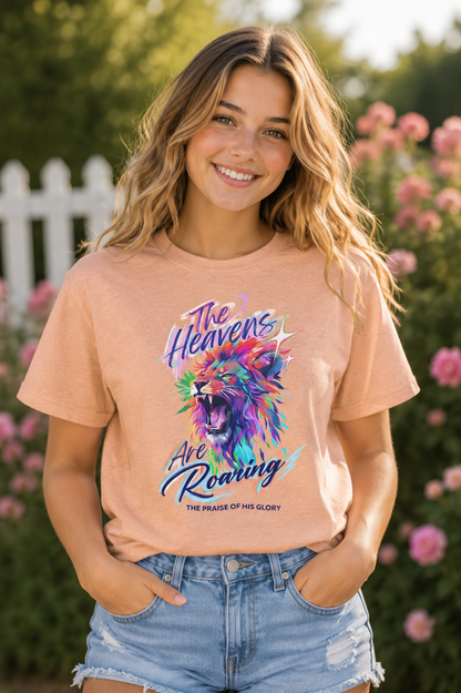 The Heavens Are Roaring Adult Shirt, Christian Lion Shirt, Faith Based Graphic Tee, Worship Shirt, Colorful Christian T-Shirt, Religious Apparel Adult