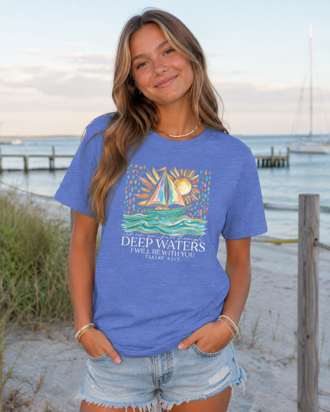 When You Pass Through Deep Waters Shirt | Isaiah 43:2 Christian T-Shirt | Faith-Based Sailboat Tee | Inspirational Bible Verse Shirt