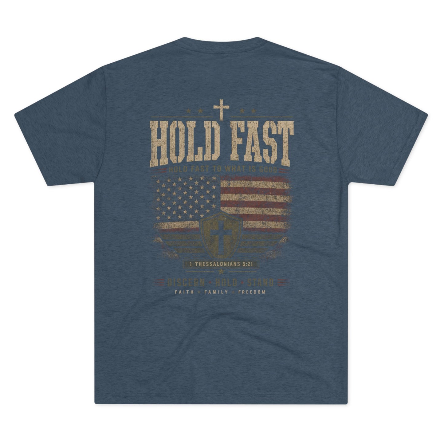 Hold Fast Christian Tee — Patriotic Shield Cross Graphic T-Shirt