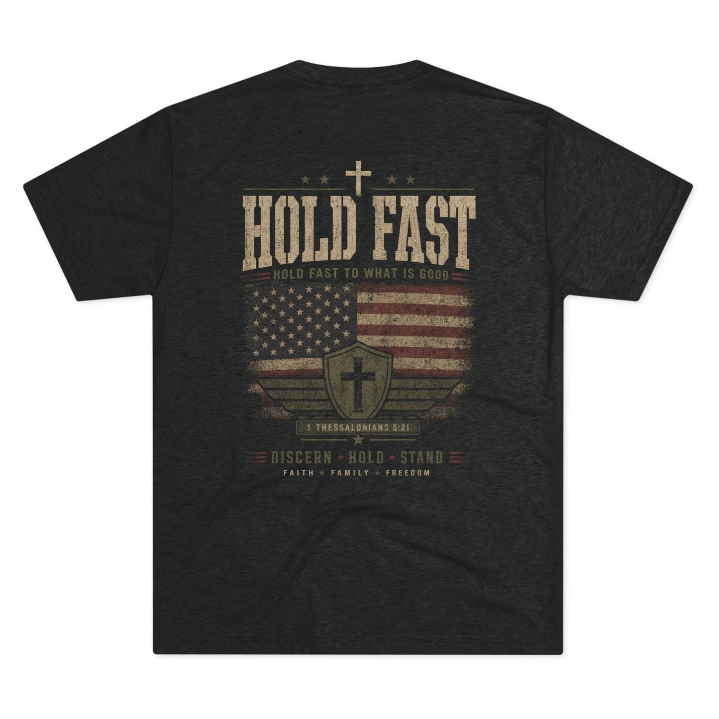 Hold Fast Christian Tee — Patriotic Shield Cross Graphic T-Shirt